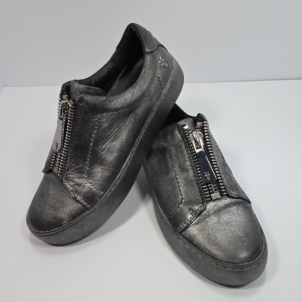 Frye Ivy Braid Zip Low Top Sneaker 5.5 Metallic Pewter Leather Goth Industrial